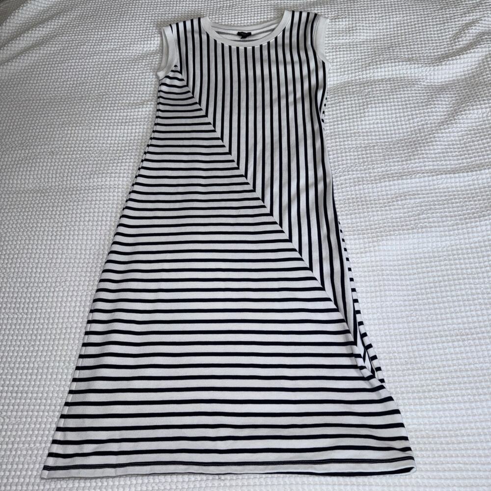 Talbots Petite P Black White Striped Sheath Midi Dress Sleeveless Knit Stretch